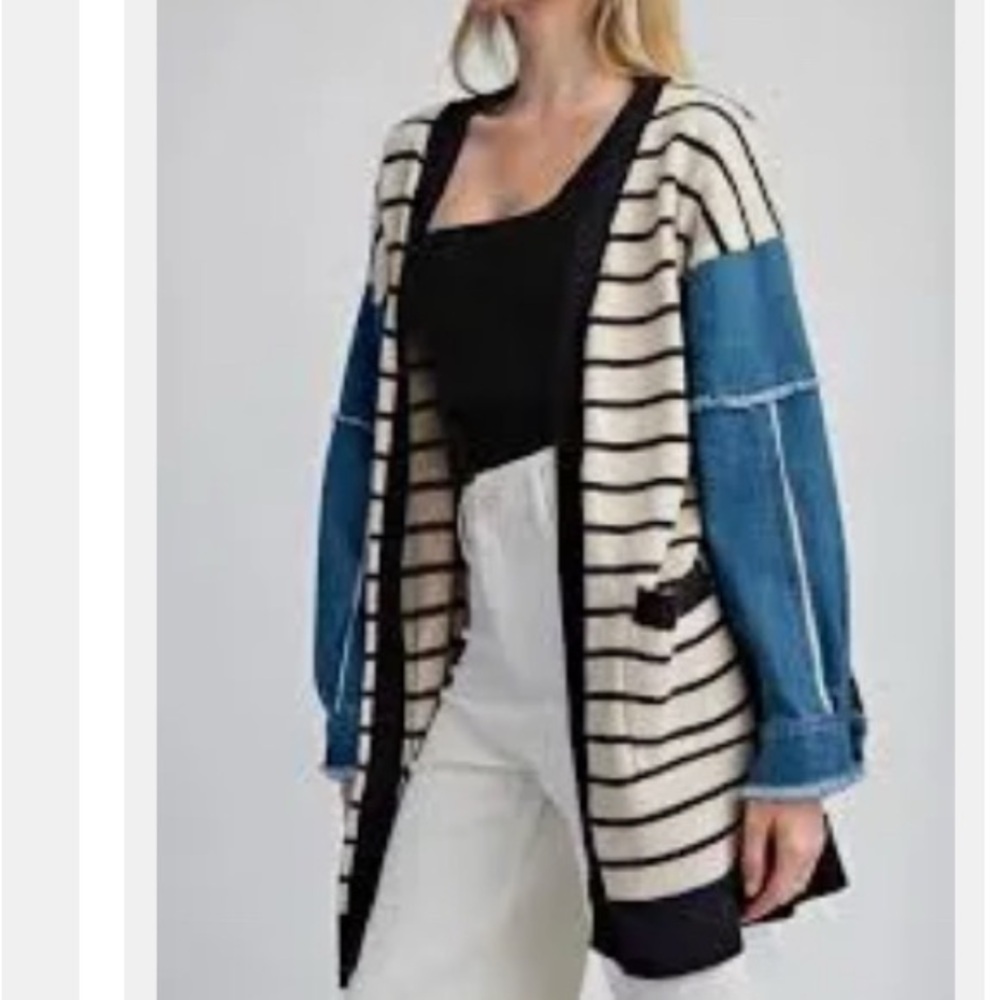 Eesome Blue and Black Cardigan Sweater with Striped Design